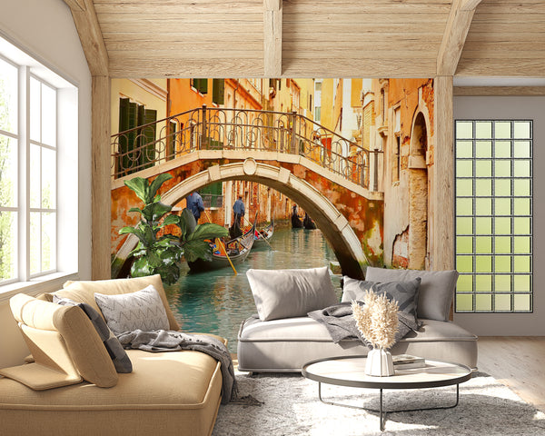 City Murals for Walls, City Wallpaper, Non Woven, Venice Canal and Bridge Wallpaper, Vintage City Wall Mural