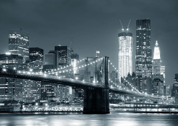 Nyc Skyline Wall Mural, Brooklyn Bridge Black & White Wallpaper, Non Woven, The Brooklyn Bridge Wallpaper, Night City Wal Mural