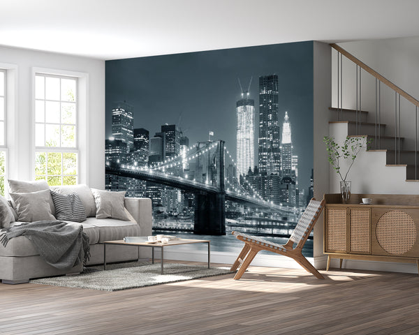 Nyc Skyline Wall Mural, Brooklyn Bridge Black & White Wallpaper, Non Woven, The Brooklyn Bridge Wallpaper, Night City Wal Mural