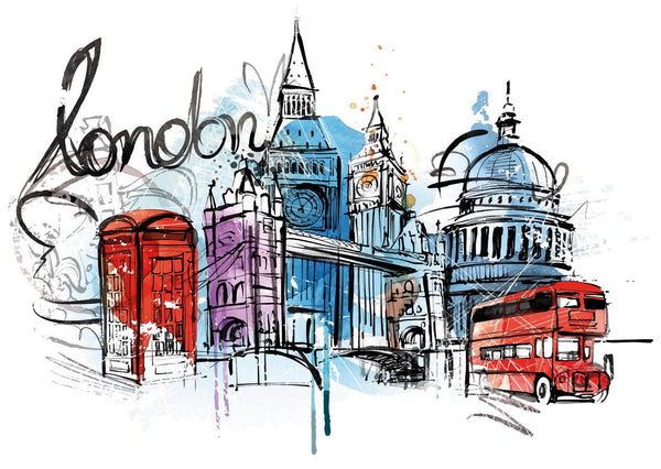 Countries Wallpaper, City Wallpaper, Non Woven, London Graffiti Wallpaper, Big Ben, Red Bus Wall Mural