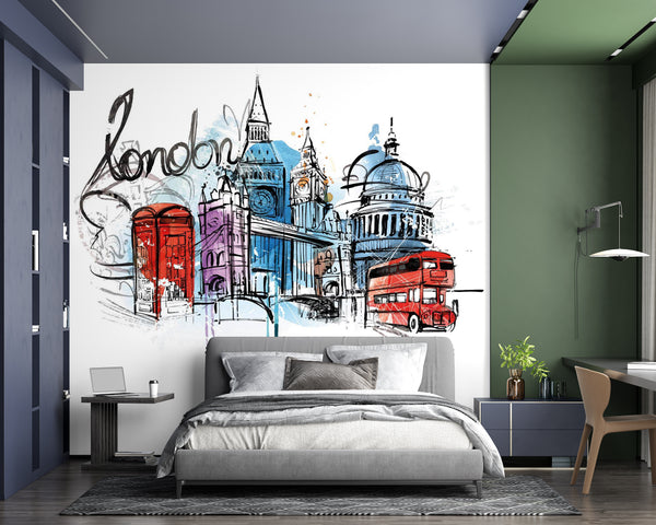 Countries Wallpaper, City Wallpaper, Non Woven, London Graffiti Wallpaper, Big Ben, Red Bus Wall Mural