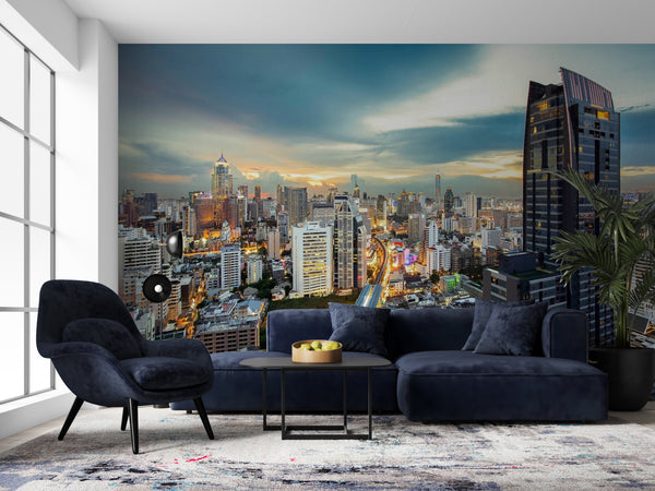 City Murals for Walls, City Wallpaper, Non Woven, Arhitecture and Modern City Wallpaper, Evening Buildings Wall Mural