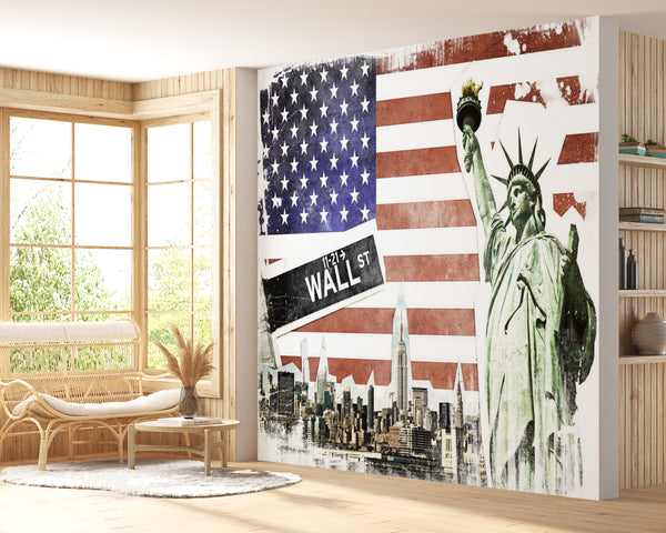 City Wallpaper Mural, City Wallpaper, Non Woven, American Flag Wallpaper, Statue of Liberty Wall Mural