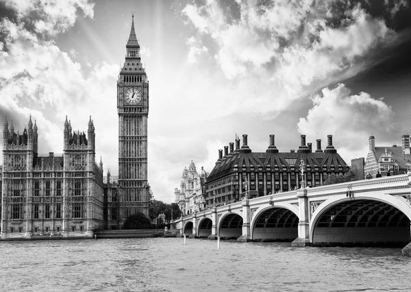 Black and White London City Photo Wallpaper, Black & White Wallpaper, Non Woven, London City Wallpaper, Big Ben Wall Mural