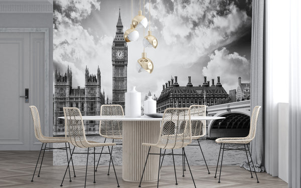 Black and White London City Photo Wallpaper, Black & White Wallpaper, Non Woven, London City Wallpaper, Big Ben Wall Mural