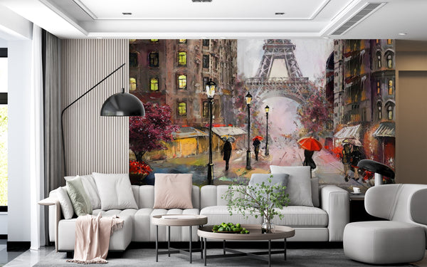 Country Wallpaper for Walls, City Wallpaper, Non Woven, Parisian street in rainy weather Wallpaper, Tour Eiffel Wall Mural