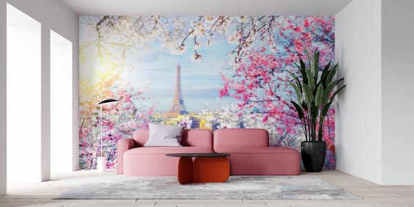 Cityscape Wall Mural, City Wallpaper, Non Woven, Paris City In The Springtime Wallpaper, Pink Flowers Wall Mural