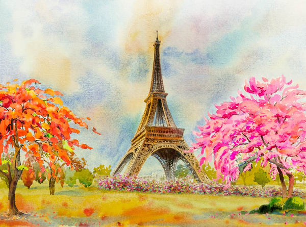 Country Theme Wallpaper, City Wallpaper, Non Woven, Painted Paris Wallpaper, Spring Floral Trees Wall Mural