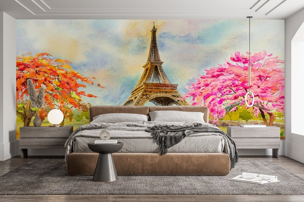 Country Theme Wallpaper, City Wallpaper, Non Woven, Painted Paris Wallpaper, Spring Floral Trees Wall Mural