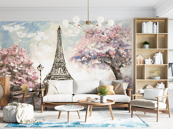 Country Wallpaper, City Wallpaper, Non Woven, Oil Painted Spring Floral Paris Wallpaper, Tour Eiffel Wall Mural