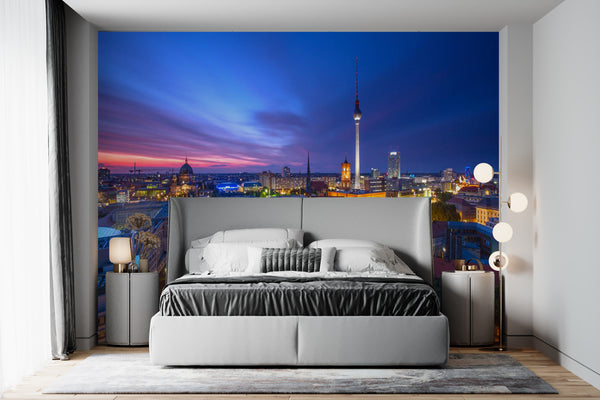 Country Wallpaper for Walls, City Wallpaper, Non Woven, Berlin City Skyline Wallpaper, Sunset and Traffic Wall Mural