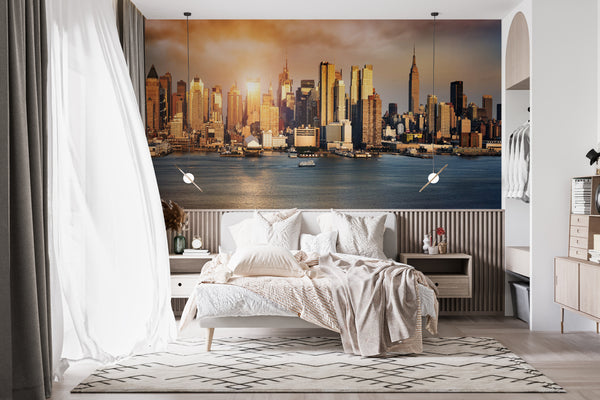 Country Theme Wallpaper, City Wallpaper, Non Woven, New York Manhattan Panorama Wallpaper, Skyline Sunset Wall Mural