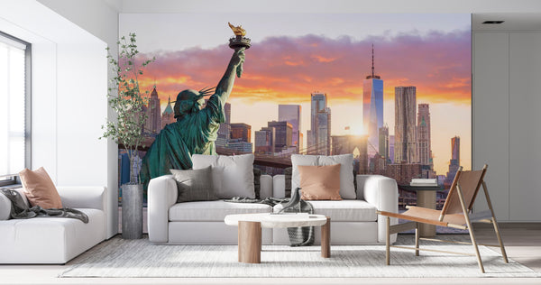 Cityscape Wall Mural, City Wallpaper, Non Woven, Statue of Liberty Wallpaper, Bridge and Buildings Wall Mural