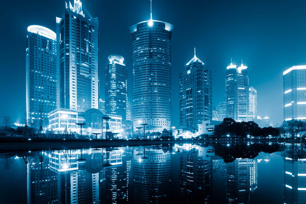 City Wallpaper Mural, City Wallpaper, Non Woven, Night Skyscrapers and Lake Wallpaper, City View Wall Mural