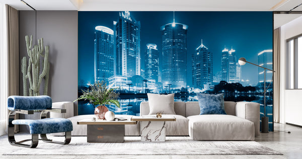 City Wallpaper Mural -  Night Skyscrapers and Lake Wallpaper