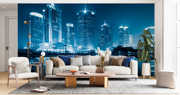 City Wallpaper Mural, City Wallpaper, Non Woven, Night Skyscrapers and Lake Wallpaper, City View Wall Mural