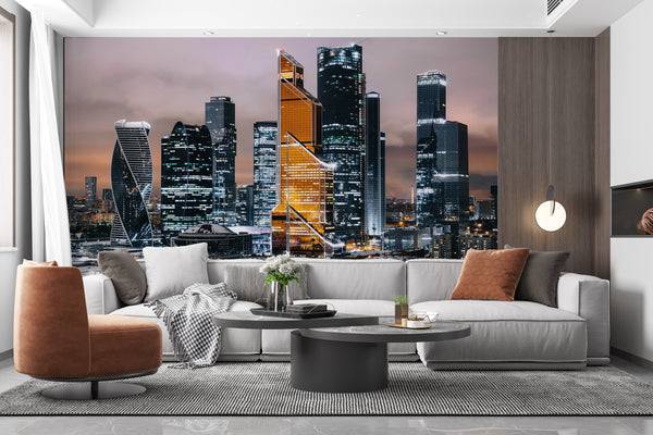 Cityscape Wall Mural, City Wallpaper, Non Woven, Moscow City Buildings Wallpaper, Night View Wall Mural