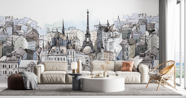 Country Wallpaper for Walls, City Wallpaper, Non Woven, Paris City Wallpaper, Drawing Parisian Streets Wall Mural