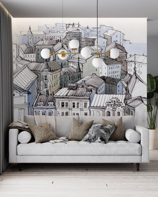 Cityscape Wall Mural, City Wallpaper, Non Woven, Roofs of the city Wallpaper, Watercolor Rooftops Wall Mural