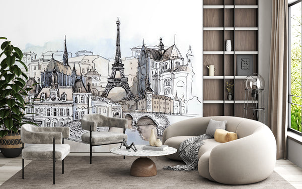 Country Theme Wallpaper, City Wallpaper, Non Woven, Watercolor Paris City Wallpaper, Tour Eiffel Wall Mural