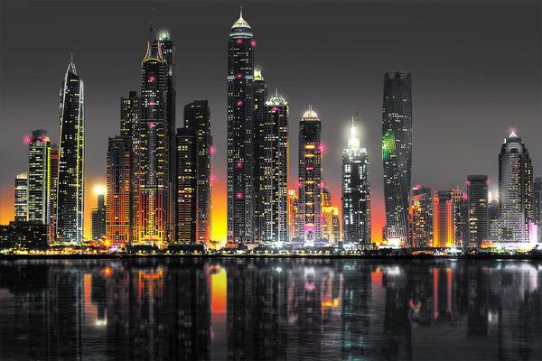 City Wallpaper Mural, City Wallpaper, Non Woven, Dubai Skyline Wallpaper, Night Skyscrapers Wall Mural