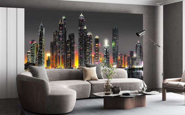 City Wallpaper Mural, City Wallpaper, Non Woven, Dubai Skyline Wallpaper, Night Skyscrapers Wall Mural