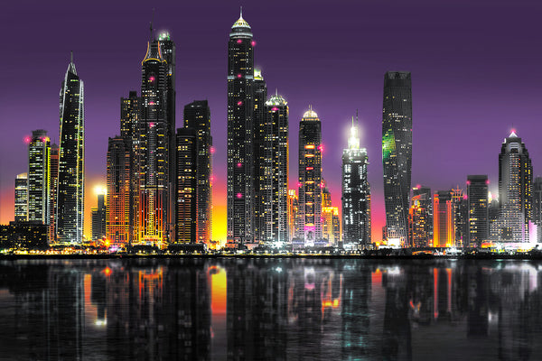 Country Wallpaper, City Wallpaper, Non Woven, Dubai Skyline Wallpaper, Purple Night Skyscrapers Wall Mural