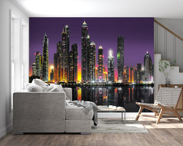 Country Wallpaper, City Wallpaper, Non Woven, Dubai Skyline Wallpaper, Purple Night Skyscrapers Wall Mural