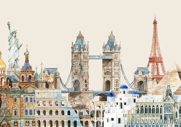 Country Wallpaper for Walls, City Wallpaper, Non Woven, Around The World Cities Wallpaper, Tour Eiffel, Big Ben, Tower Bridge Wall Mural