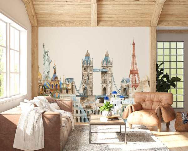 Country Wallpaper for Walls, City Wallpaper, Non Woven, Around The World Cities Wallpaper, Tour Eiffel, Big Ben, Tower Bridge Wall Mural