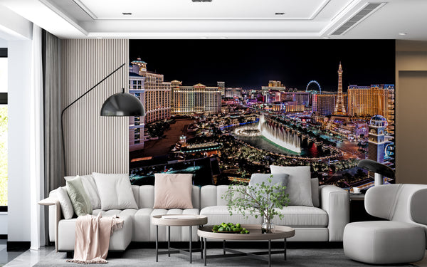 Cityscape Wall Mural, City Wallpaper, Non Woven, Las Vegas Nevada Wallpaper, Panoramic Night View Wall Mural