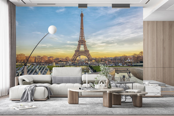 Country Wallpaper, City Wallpaper, Non Woven, Eiffel Tower at sunset in Paris Wallpaper, France Wall Mural