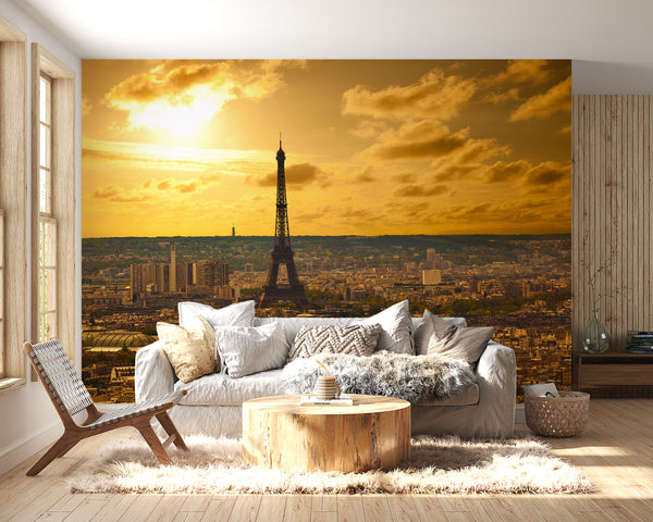 Countries Wallpaper, City Wallpaper, Non Woven, Eiffel Tower and Golden Sunset in Paris Wallpaper, France Wall Mural