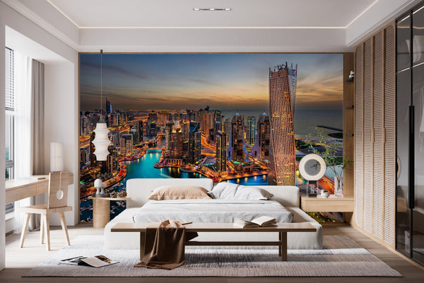 Cityscape Wall Mural, City Wallpaper, Non Woven, Dubai Skyscrapers Wallpaper, Night City View Wall Mural