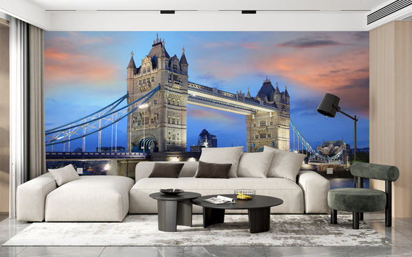 Cityscape Wall Mural, City Wallpaper, Non Woven, Tower Bridge Evening Sunset Wallpaper, River and Bridge Wall Mural