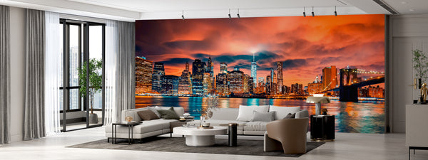 City Wallpaper Mural, City Wallpaper, Non Woven, Orange Sunset Wallpaper, Bridge and New York City Wall Mural