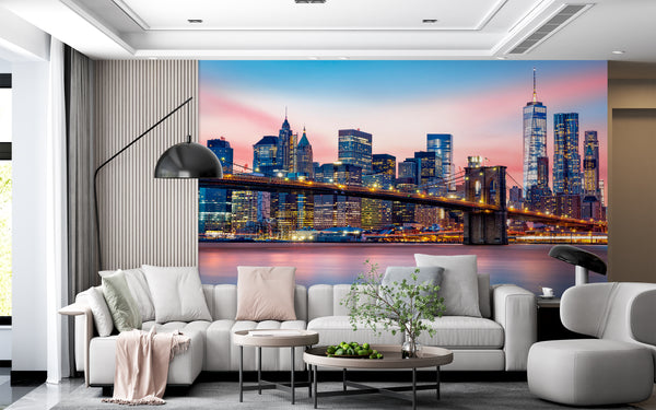 Countries Wallpaper, City Wallpaper, Non Woven,  The Brooklyn Bridge and Sunset Wallpaper, Evening City Wall Mural