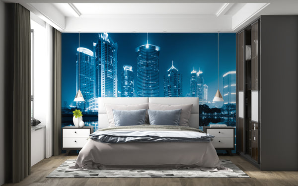 City Murals for Walls, City Wallpaper, Non Woven, Night Skyline Wallpaper, Modern Buildings Wall Mural