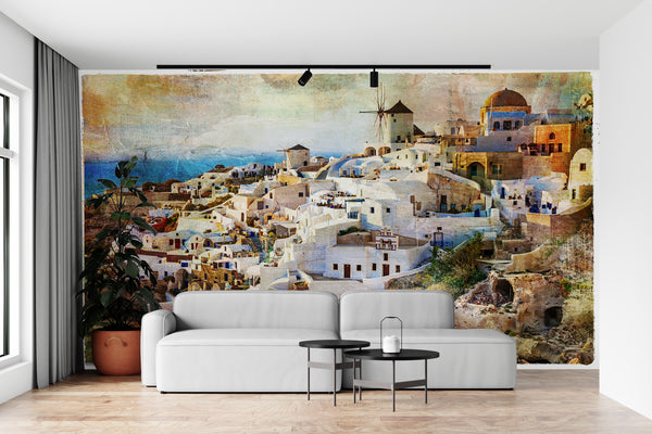 Country Theme Wallpaper, City Wallpaper, Non Woven, Old Town Greece Wallpaper, Retro Style Wall Mural