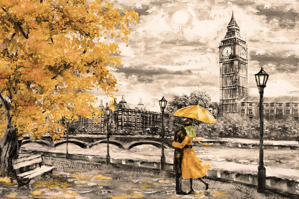 Country Wallpaper, City Wallpaper, Non Woven, Black & White London city Wallpaper, Yellow Umbrella and Leaves Wall Mural