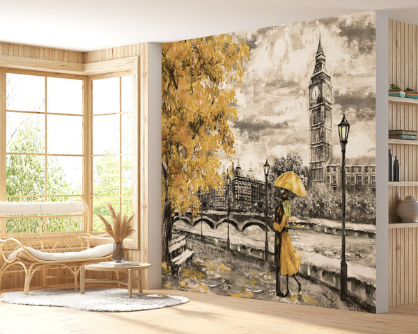 Country Wallpaper, City Wallpaper, Non Woven, Black & White London city Wallpaper, Yellow Umbrella and Leaves Wall Mural