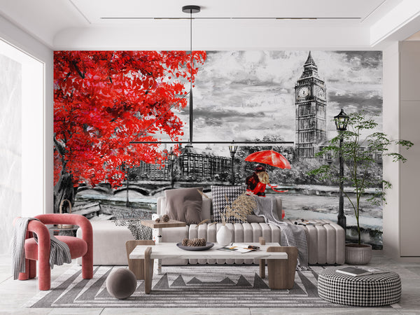 Countries Wallpaper, City Wallpaper, Non Woven, Black & White London city Wallpaper, Red Umbrella and Leaves Wall Mural