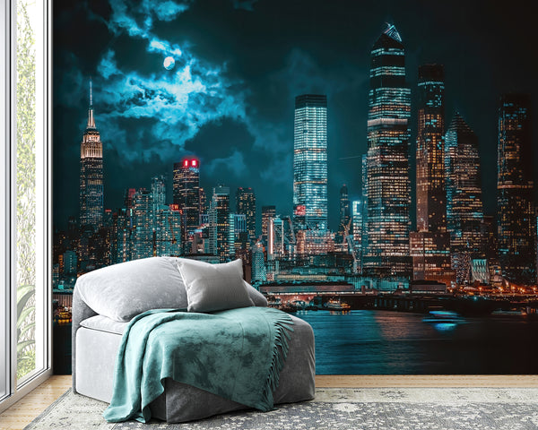 Cityscape Wall Mural, City Wallpaper, Non Woven, Night city skyline Wallpaper, Luminous skyscrapers Wall Mural