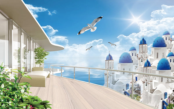 Best Country Wallpaper, City Wallpaper, Non Woven, Greece Arhitecture Wallpaper, Sea and Birds Wall Mural