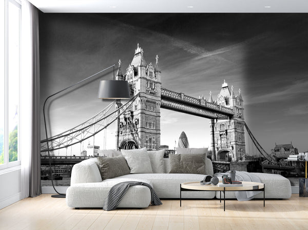 City Murals for Walls, City Wallpaper, Non Woven, Black & White Tower Bridge Wallpaper, London View Wall Mural