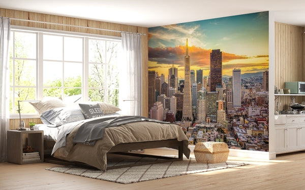 Country Theme Wallpaper, City Wallpaper, Non Woven, San Francisco City Buildings Wallpaper, Sunset Wall Mural