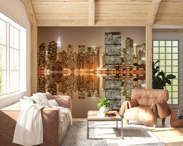 City Wallpaper Mural, City Wallpaper, Non Woven, Night Skyscrapers Wall Mural, City Lights Wallpaper