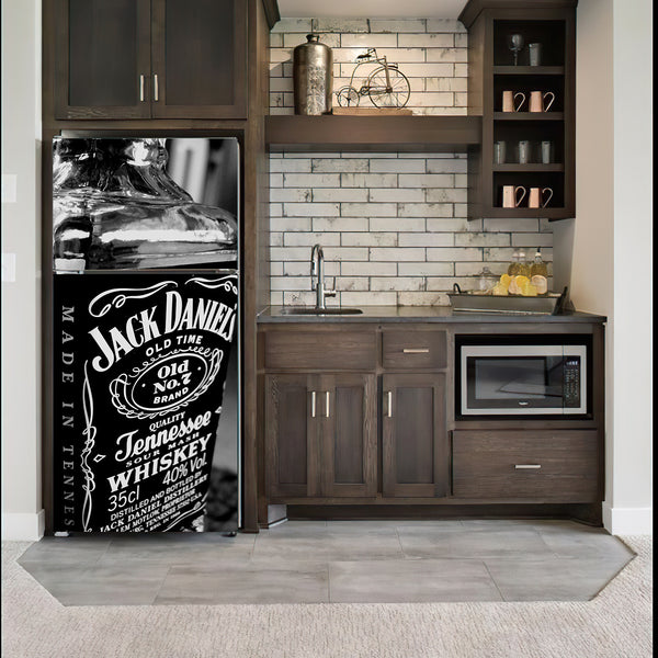 Fridge Decal, Bottle Jack Daniels Whiskey Fridge Wrap, Door Mural, Refrigerator Decal, Mens Cave Vinyl Side by Side Sticker, Decorative Fridge Decal