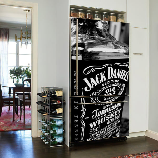 Fridge Decal, Bottle Jack Daniels Whiskey Fridge Wrap, Door Mural, Refrigerator Decal, Mens Cave Vinyl Side by Side Sticker, Decorative Fridge Decal