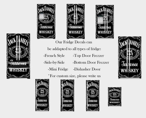 Fridge Decal, Jack Daniels Whiskey Logo Fridge Wrap, Door Mural, Refrigerator Decal, Mens Cave Vinyl Side by Side Sticker, Decorative Fridge Decal